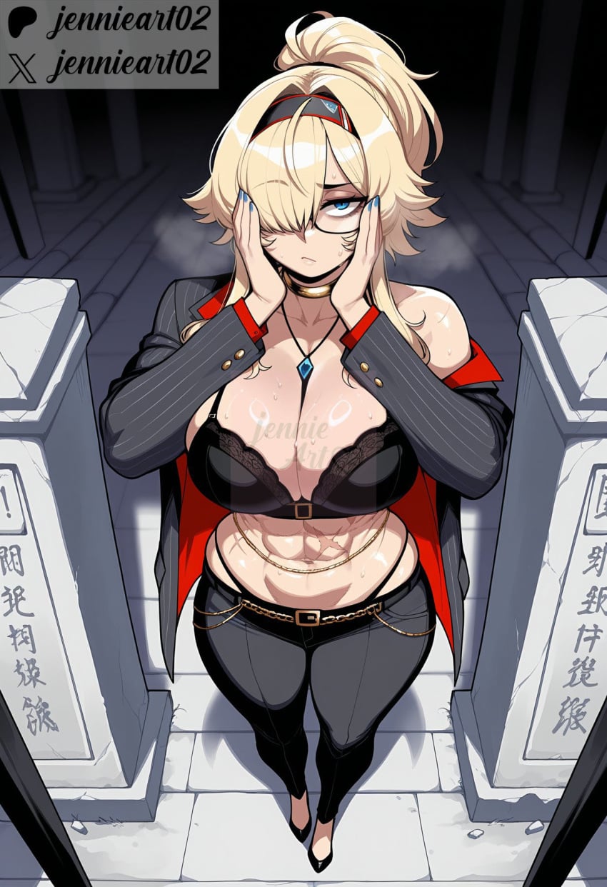 1girl abs ai_generated belt black-framed_eyewear black_bra black_footwear black_hairband black_jacket black_panties black_pants blonde_hair blue_eyes blue_nails body_writing bra breasts choker cleavage closed_mouth clothing eyewear female formal from_above full_body glasses goddess_of_victory:_nikke gold_chain grave_(nikke) grey_jacket hair_over_one_eye hairband hands_on_own_cheeks hands_on_own_face hands_up jacket jennieart02 jewelry large_breasts long_hair long_sleeves looking_at_viewer muscular muscular_female nail_polish navel necklace off_shoulder open_clothes open_jacket panties pants patreon patreon_logo patreon_username pinstripe_pattern pinstripe_suit ponytail pov_doorway semi-rimless_eyewear sidelocks single_bare_shoulder solo standing stomach striped_clothes striped_jacket suit sweat toned twitter twitter_username underwear watermark