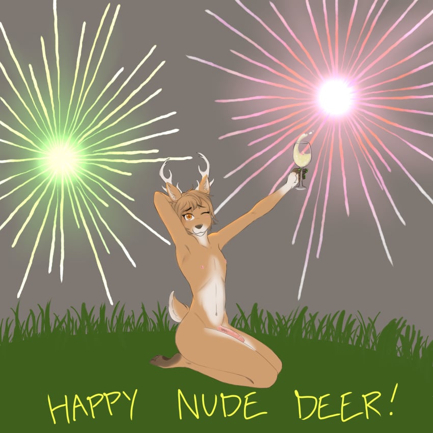 alcohol antlers ass beverage blush brown_eyes cervine deer fireworks foxtrap girly holding_(disambiguation) holidays horn humor looking_at_viewer male mammal new_year nipples one_eye_closed outside penis pun sitting wink