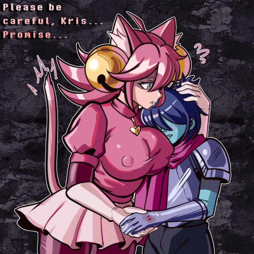 2026 big_breasts blue_hair blush cat_ears cat_girl cat_tail catgirl deltarune deltarune_chapter_5 face_in_breasts green_eyes hand_on_head hug kris_(deltarune) lilianduleroux mad_mew_mew pink_(deltarune) pink_hair pink_skirt worried