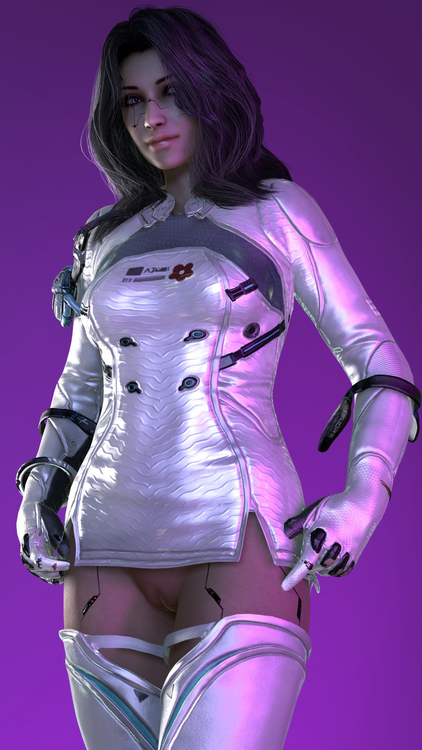 1girls alternate_hairstyle black_hair blue_eyes clothing cyberpunk cyberware female final_fantasy_xiii looking_at_viewer no_panties oerba_yun_fang_(ff_xiii) smile smiling virt-a-mate virtamate