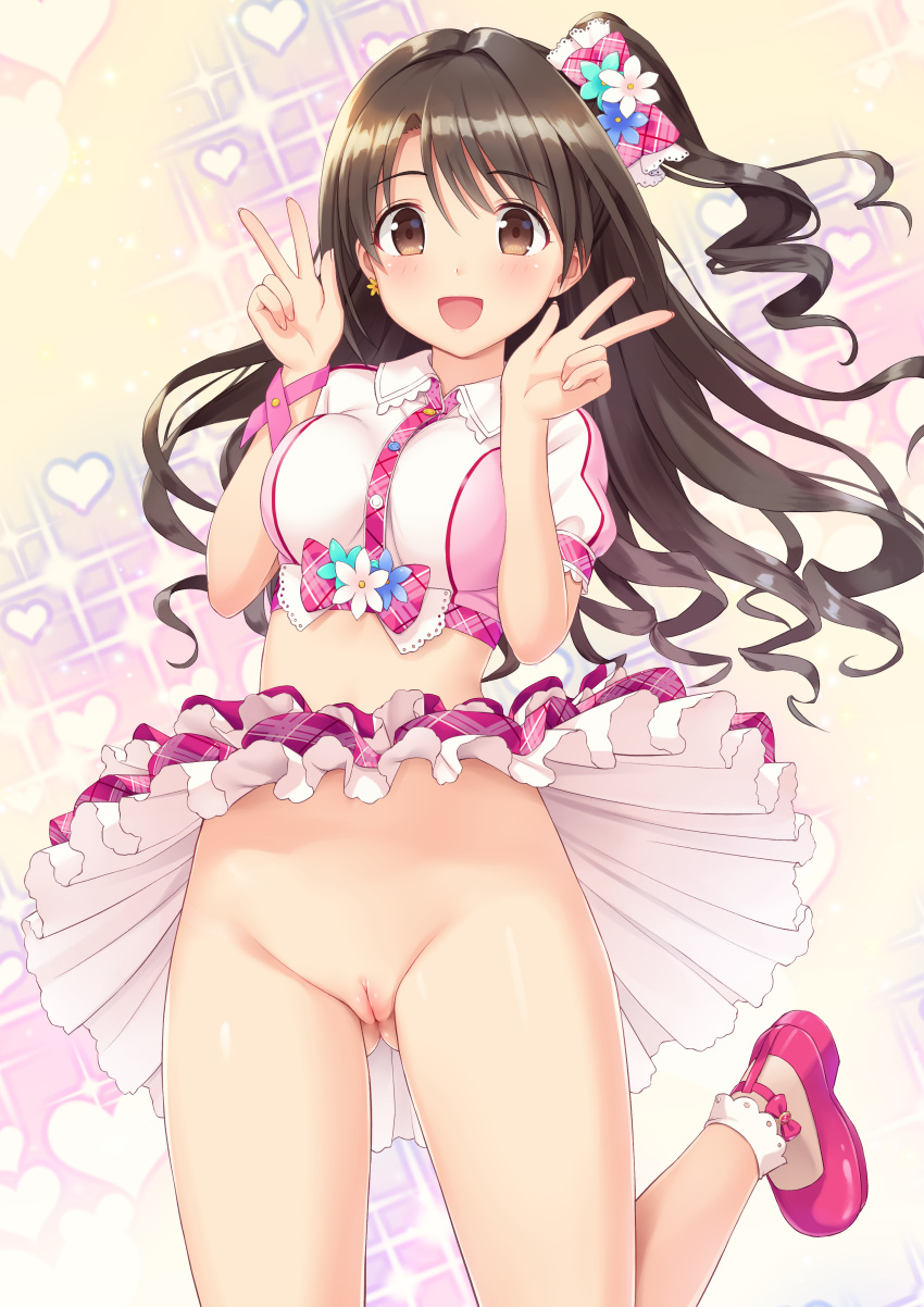 blush female heels idolmaster looking_at_viewer n.g. nopan open_mouth pussy shimamura_uzuki skirt_lift the_idolm@ster the_idolm@ster_cinderella_girls uncensored