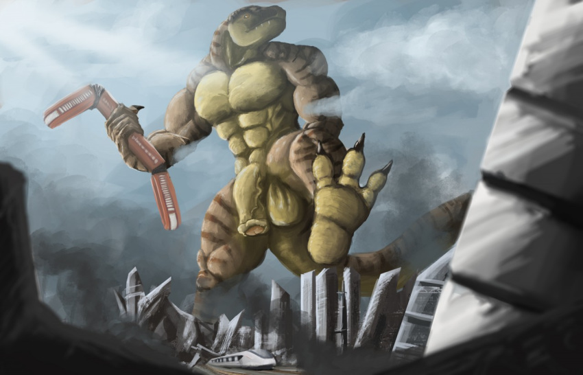 anthro city crush destruction dinosaur feet foreskin grandtaurus macro male male_focus no_humans penis scalie train vehicle