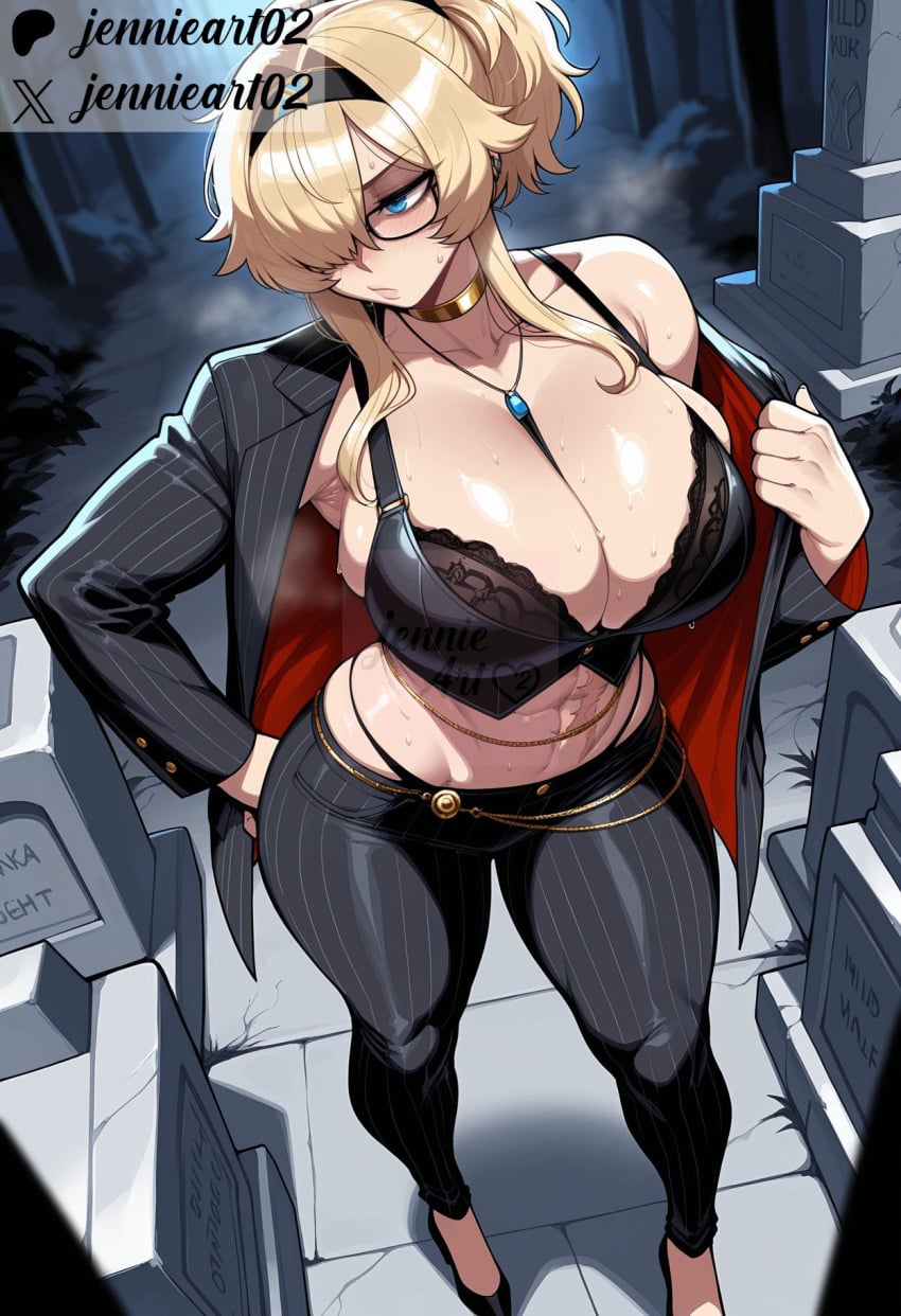 1girl abs ai_generated bare_shoulders black-framed_eyewear black_bra black_footwear black_hairband black_jacket black_panties black_pants blonde_hair blue_eyes blush bra breasts choker cleavage clothing collarbone english_text female formal full_body glasses goddess_of_victory:_nikke gold_chain gold_choker grave_(nikke) graveyard hair_over_one_eye hairband hand_on_own_hip high_heels highleg_panties huge_breasts jacket jennieart02 jewelry large_breasts long_hair long_sleeves midriff navel necklace off_shoulder open_clothes open_jacket outdoors panties pants patreon patreon_logo patreon_username pinstripe_pattern pinstripe_suit ponytail semi-rimless_eyewear sidelocks single_bare_shoulder solo standing stomach striped_jacket striped_pants suit sweat thighs tombstone twitter twitter_username underwear vertical-striped_pants watermark