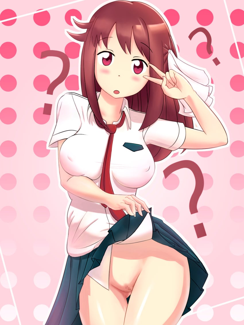 blush breasts brown_eyes brown_hair censored erect_nipples female hair_ornament hair_ribbon large_breasts looking_at_viewer necktie no_panties open_mouth polka_dot_background pussy ribbon sakura_trick school_uniform skirt skirt_lift solo takayama_haruka v