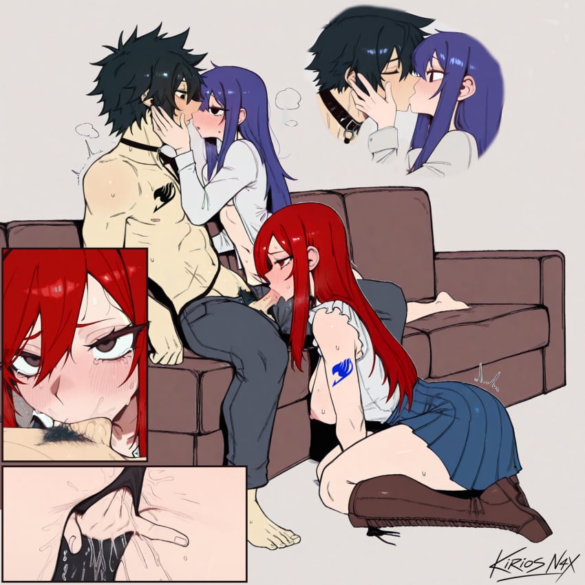 1boy 2girls black_hair black_panties blowjob blue_skirt blush breasts breasts_out climax_female clothed deepthroat erza_scarlet fairy_tail fingering fit_male gray_fullbuster hand_on_face intimate kiss leash_and_collar lewd nipples petite_female pubic_hair purple_hair red_hair scar seated semi_clothed sex sexy simple_background small_breasts sofa tattoo throuple wendy_marvell wet_pussy white_shirt