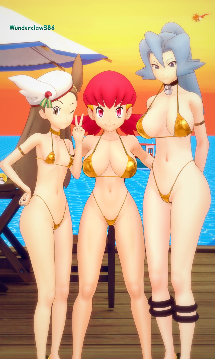3d 3girls big_breasts blue_eyes blue_hair brown_eyes brown_hair clair_(pokemon) dock golden_bikini golden_week ho-oh jasmine_(pokemon) koikatsu ocean outdoors peace_sign pink_eyes pink_hair pokeball pokemon pokemon_gsc pokemon_hgss posing posing_for_picture self_upload sunset whitney_(pokemon) wunderclaw