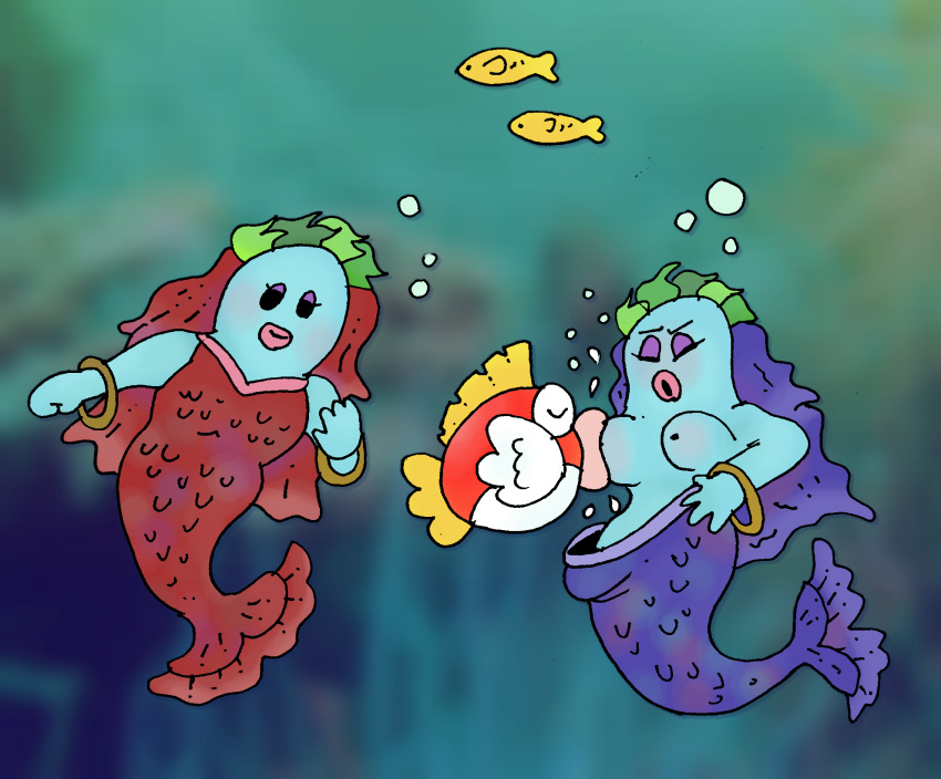 2girls ambiguous_gender breast_sucking breasts bubble bubbles cheep_cheep clothed fish lochlady mario_(series) mermaid nintendo no_humans plaguetyranno super_mario_odyssey underwater underwater_sex