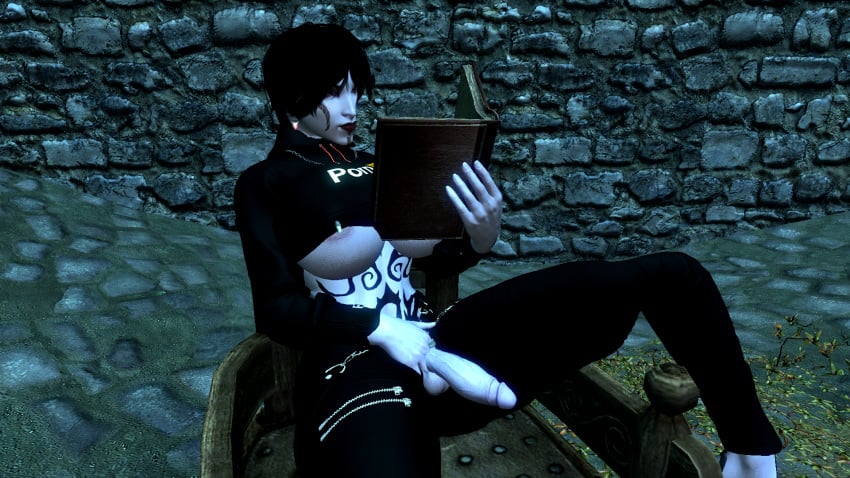 3d big_breasts black_hair clothing_aside darkina_(skibidoa) female futanari light_skin pierced_nipples skyrim solo solo_female thick_thighs underboob voluptuous white_body