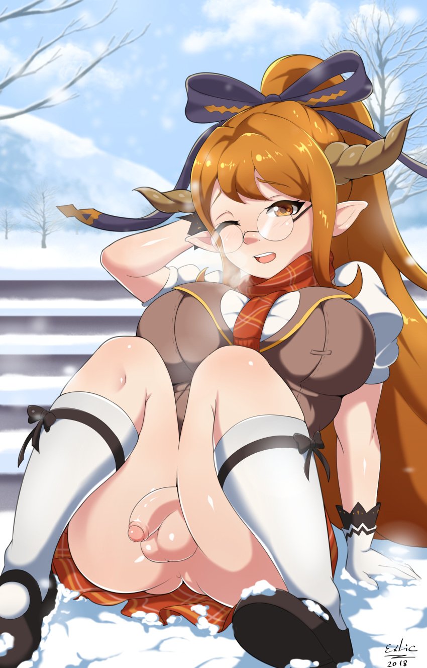 1futa 2018 absurdres accidental_exposure balls breasts brown_eyes brown_hair curvy exlic flaccid futa_only futanari glasses granblue_fantasy highres intersex large_breasts looking_at_viewer no_panties penis penis_under_clothes penis_under_skirt saaya_(granblue_fantasy) sarya_(granblue_fantasy) skirt skirt_lift solo solo_futa upskirt