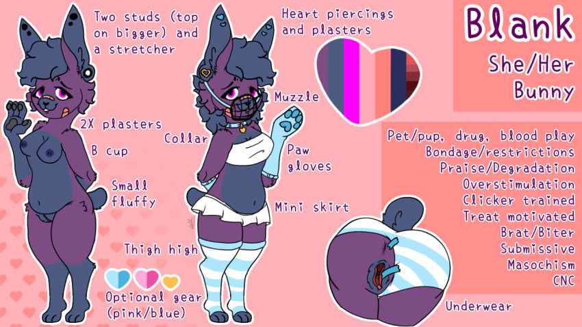 16:9 anthro bandage bandage_on_face bandage_on_nose bdsm bite black_nose blood_play blue_bandage blue_body blue_clothing blue_collar blue_footwear blue_fur blue_gloves blue_hair blue_handwear blue_legwear blue_muzzle blue_socks blue_stockings blue_tape blue_underwear bondage bottomwear bound brat_taming buckteeth clicker_training clitoris clothing collar collar_tag curly_hair degradation drug_play ear_piercing english_text erect_nipples female footwear fur genitals gloves grey_pawpads hair handwear heart_piercing heart_symbol lagomorph legwear leporid list long_hair mammal masochism miniskirt model_sheet motivated multiple_piercings muzzle_(object) nipples overstimulation pattern_clothing pattern_footwear pattern_legwear pattern_socks pattern_stockings pattern_underwear paw_gloves pawpads petplay piercing pink_background praise_kink purple_body purple_fur pussy_tape rabbit rape_play restraints roleplay sammywhich short_hair simple_background skirt socks solo spread_vulva spreading stockings striped_clothing striped_footwear striped_legwear striped_socks striped_stockings striped_underwear stripes stud_piercing studs submissive submissive_anthro submissive_female tape teeth text thigh_highs topwear treat tube_top underwear vulva vulva_spreading_tape white_bottomwear white_clothing white_footwear white_legwear white_miniskirt white_skirt white_socks white_stockings white_top white_topwear white_tube_top white_underwear widescreen