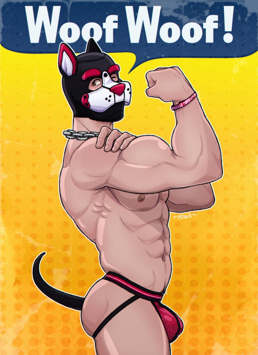 1boy abs buttplug buttplug_tail chain_collar fanart flexing flexing_bicep flexing_muscles jockstrap jockstrap_only male male_only musclepuprocky nipple_piercing no_pants no_visible_genitalia pup pup_mask real_person rosie_the_riveter shirtless six_pack solo solo_male standing winking yows yows_(artist) yows_(artyows)