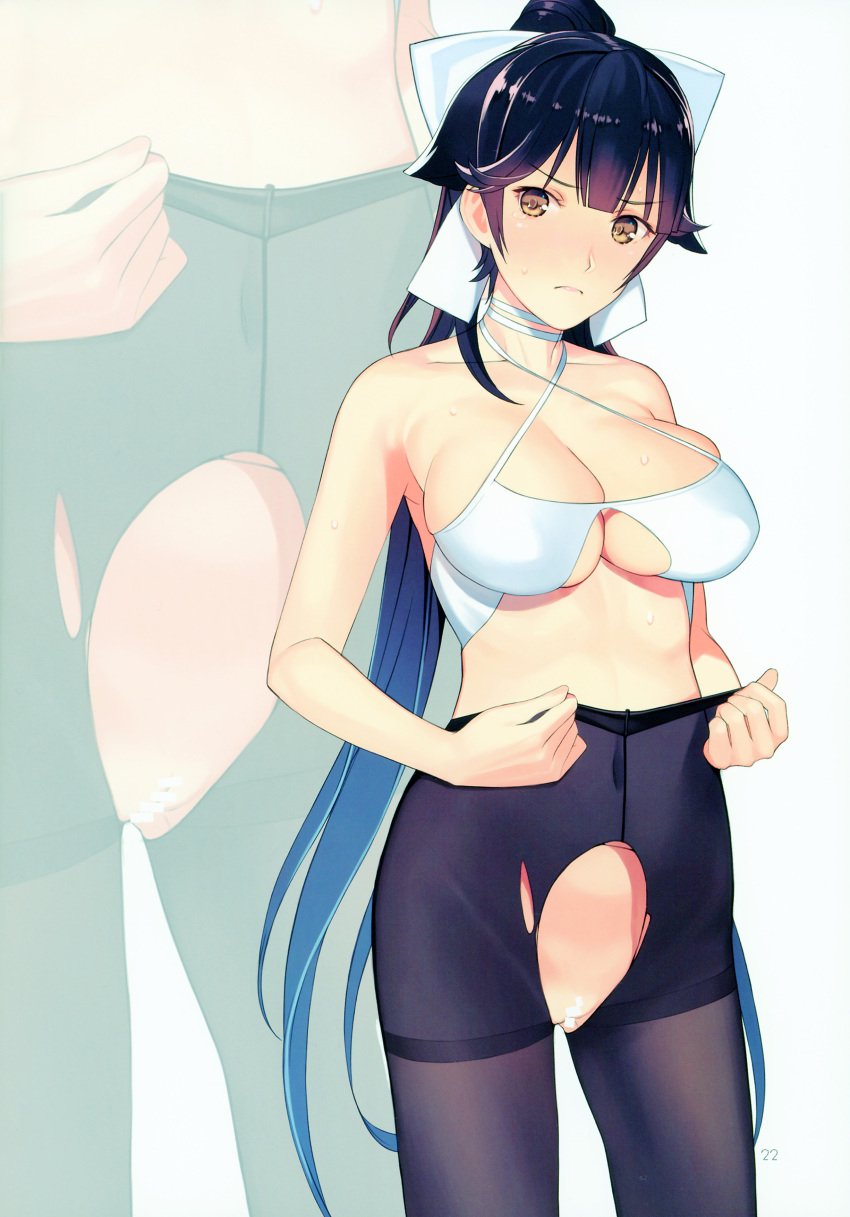 absurdres azur_lane bangs bar_censor bikini_top black_hair blush bow breasts brown_eyes censored closed_mouth cowboy_shot criss-cross_halter dressing eyebrows_visible_through_hair female frown full-face_blush hairbow halterneck highres large_breasts long_hair looking_at_viewer mibu_natsuki navel no_panties page_22 page_number pantyhose pantyhose_pull purple_legwear pussy scan skindentation solo standing sweatdrop takao_(azur_lane) torn_clothes torn_pantyhose very_long_hair white_bikini_top white_bow zoom_layer