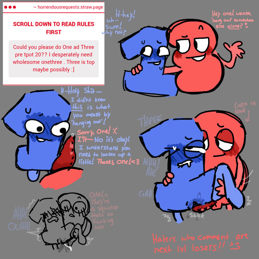 battle_for_dream_island before_sex bfdi biting_own_lip blush blush_lines blushed_face blushing blushing_profusely cum cum_drip cum_in_pussy cum_inside dialogue digital_art digital_drawing digital_drawing_(artwork) digital_media digital_media_(artwork) digital_painting_(artwork) drooling duo embarrassed eyes_closed eyes_half_open eyes_rolled_back eyes_rolling_back genital_fluids heart-shaped_pupils lifting_leg looking_at_another looking_at_partner looking_at_penis looking_away looking_back looking_down looking_pleasured moaning moaning_in_pleasure moaning_loud nervous nervous_expression nervous_face nervous_grin nervous_look nervous_smile nervous_sweat nervous_sweating non-human object_show object_shows on_knees one_(bfdi) osc pussy pussy_ejaculation pussy_hair pussy_juice pussy_juice_drip pussy_juice_string pussy_juice_trail shaking shaking_legs shaking_orgasm shocked shocked_expression shocked_eyes shocked_face shocked_look shocked_pupils spread_legs spread_pussy squirting squirting_orgasm sweat sweating tears tears_in_eyes tears_of_joy tears_of_pleasure tentacle_penis text three_(bfdi) tremble_lines tremble_spikes trembling trembling_for_pleasure trembling_legs trembling_lines trembling_pleasure trembling_spikes unusual_genitalia