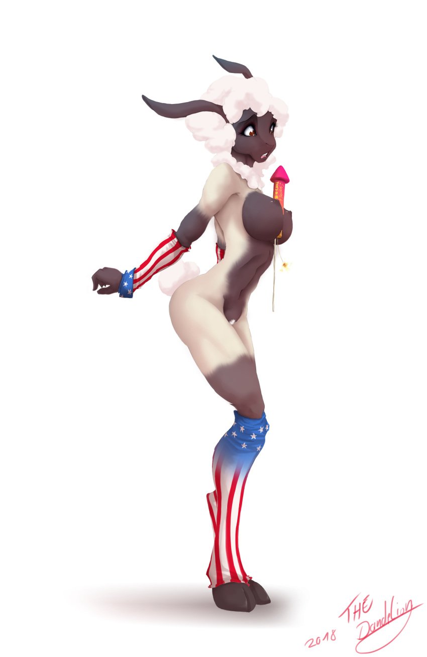 2018 4th_of_july american_flag american_flag_armwear american_flag_legwear anthro breasts caprine cute female fireworks jewene mammal model nude pose pubes rocket sheep solo surprise thedandelion warmers