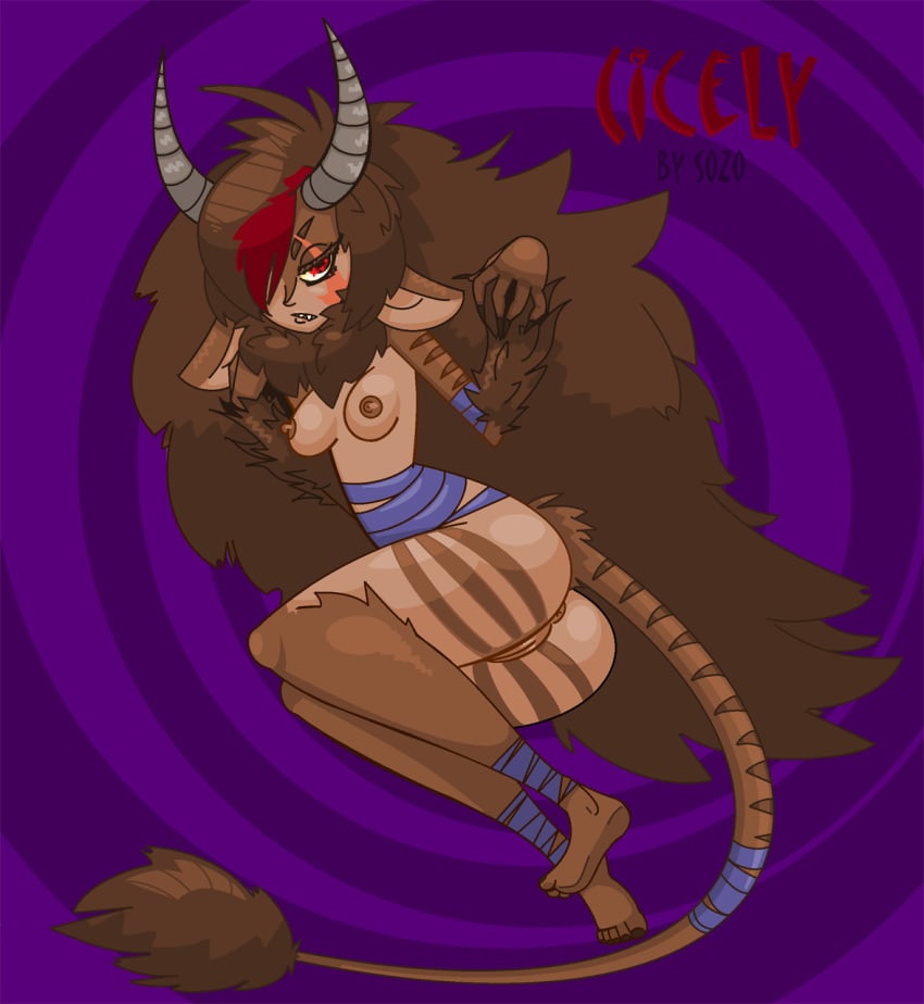 5_fingers 5_toes abstract_background ankle_wraps anthro anus areola arm_wraps breasts brown_fur brown_hair brown_nipples brown_tail demon erect_nipples female full-length_portrait fumetsusozo fur furry furry_only hair hair_over_eye horn looking_at_viewer lying mostly_nude nipples no_humans on_side portrait pussy red_eyes satyr soles solo striped_tail stripes tail_wraps text toes wraps