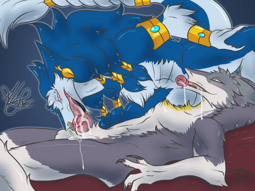 2018 4_fingers 69_position anthro anthro_on_anthro armlet balls bed bedding biped blanket blue_background blue_fur bracelet chest_tuft claws clitoral_hood countershading cum cum_drip cum_on_leg cum_on_penis cum_on_self cunnilingus dripping duo ear_piercing elbow_tufts erection fellatio female female_on_top forked_tongue fur gold_(metal) gold_jewelry grey_fur hairband hand_on_thigh inside jewelry keel kel kneeling larger_female long_tongue lying male mane markings nude on_back on_bed on_top open_mouth oral oral_penetration penetration penis piercing pink_penis pink_tongue prehensile_clitoral_hood pussy pussy_juice pussy_juice_on_face saliva sergal sex side_view signature simple_background size_difference smaller_male spread_legs spreading straight stud_earring tail_tuft tailband thick_penis tongue tongue_out tonguejob toony toroah tuft vaginal_penetration vilous_universe yellow_markings