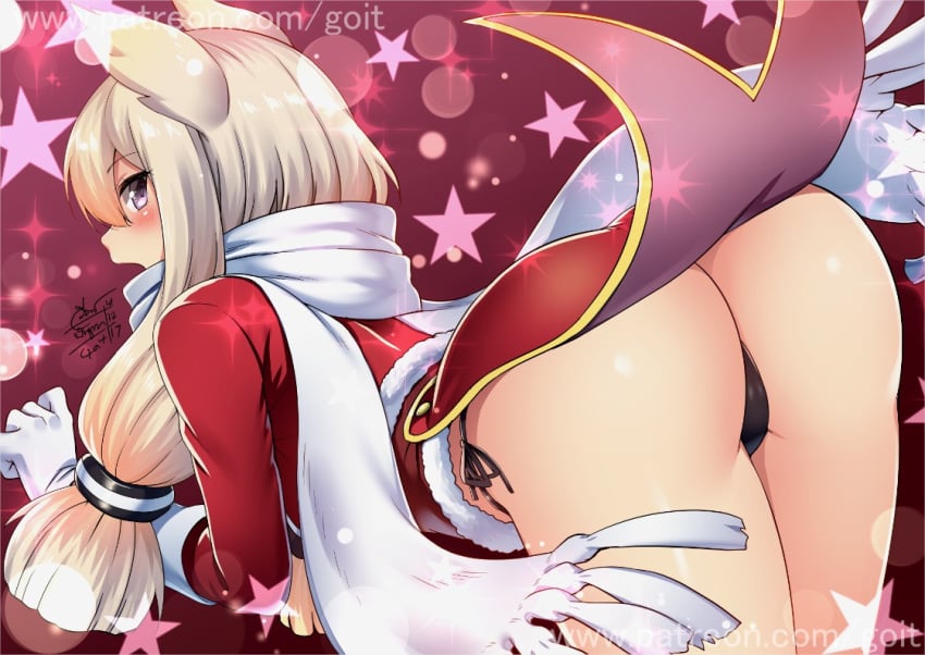 animal_ears ass azur_lane bent_over blonde_hair christmas coattails female fur_trim go-it hair_tubes no_pants open_mouth panties scarf side-tie_panties sidelocks solo thong underwear warspite_(azur_lane) watermark web_address white_scarf