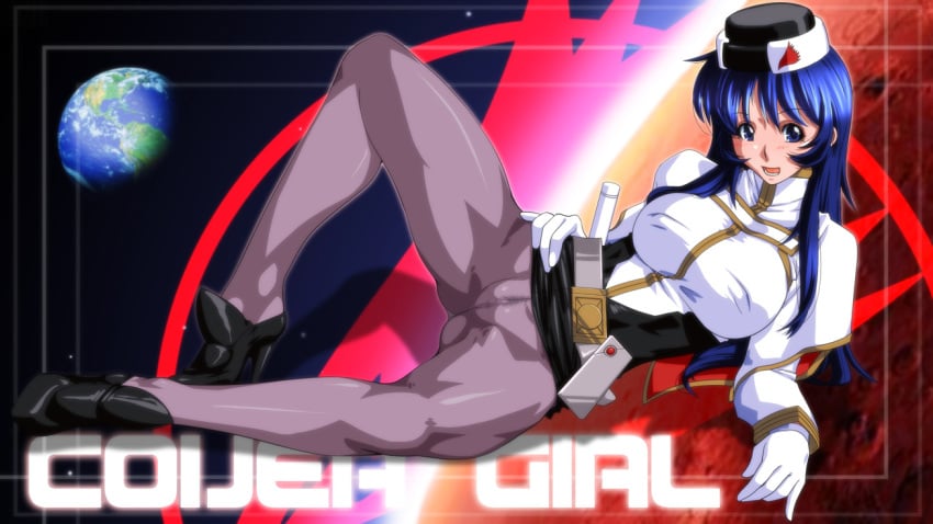 1girls arikawa blue_hair blush breasts cameltoe censored female high_heels human large_breasts light-skinned_female light_skin long_hair looking_at_viewer martian_successor_nadesico military_uniform pantyhose pubic_hair solo spread_legs uniform yurika_misumaru