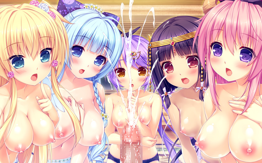 aoi_miyabi aqua_eyes arisegawa_arle ayasaki_yuu black_hair blonde_hair blue_eyes blue_hair blush boku_to_koi_suru_ponkotsu_akuma. braids breasts brown_eyes censored cum fujima_emiri game_cg group headdress kiritani_riria long_hair mosaic_censoring nipples panties penis pink_hair purple_eyes purple_hair sayori short_hair smile smile_(company) succubus topless underwear yellow_eyes