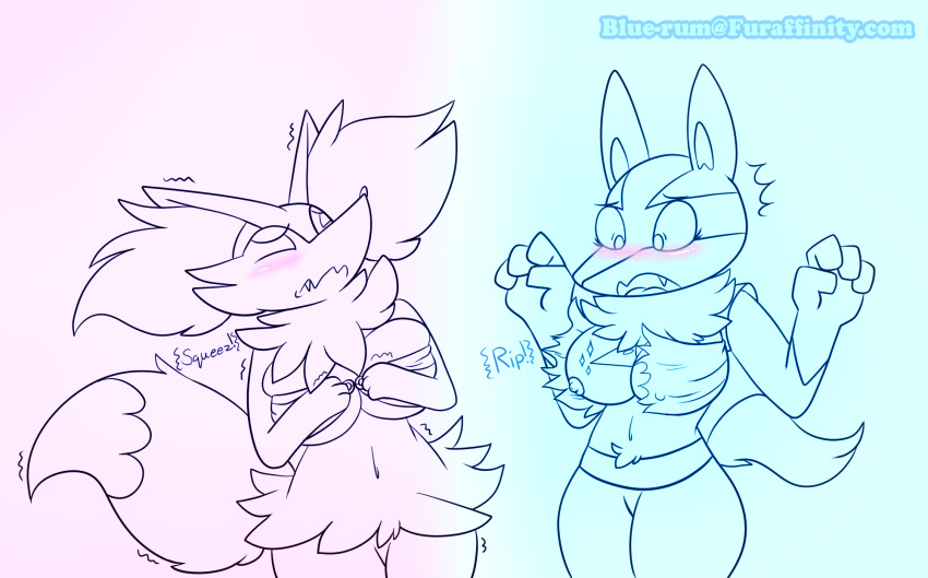 2018 anthro big_breasts blue-rum blush bra braixen breasts canine clothed clothing digital_media_(artwork) female lucario mammal nintendo nipples nude pokemon pokemon_(species) simple_background text underwear video_games