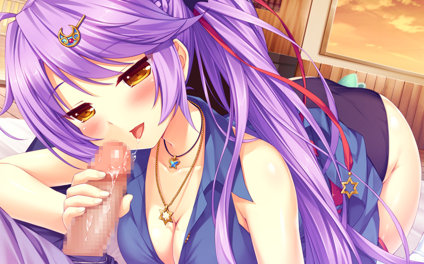 aoi_miyabi blush boku_to_koi_suru_ponkotsu_akuma. braids breasts censored cleavage fellatio game_cg long_hair mosaic_censoring necklace panties penis ponytail purple_hair sayori smile smile_(company) underwear wet yellow_eyes