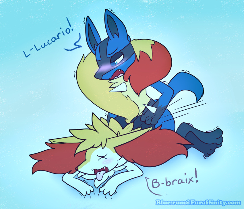 ambiguous_gender ambiguous_penetration anthro ass blue-rum blush braixen canine duo fangs fur inner_ear_fluff lucario male mammal nintendo pawpads penetration pokemon pokemon_(species) sex shaking tail_scarf text tongue video_games watermark