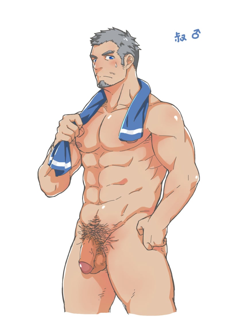 1boy abs bara blue_eyes koji_(wildlhz) male_focus muscle penis silver_hair solo testicles towel