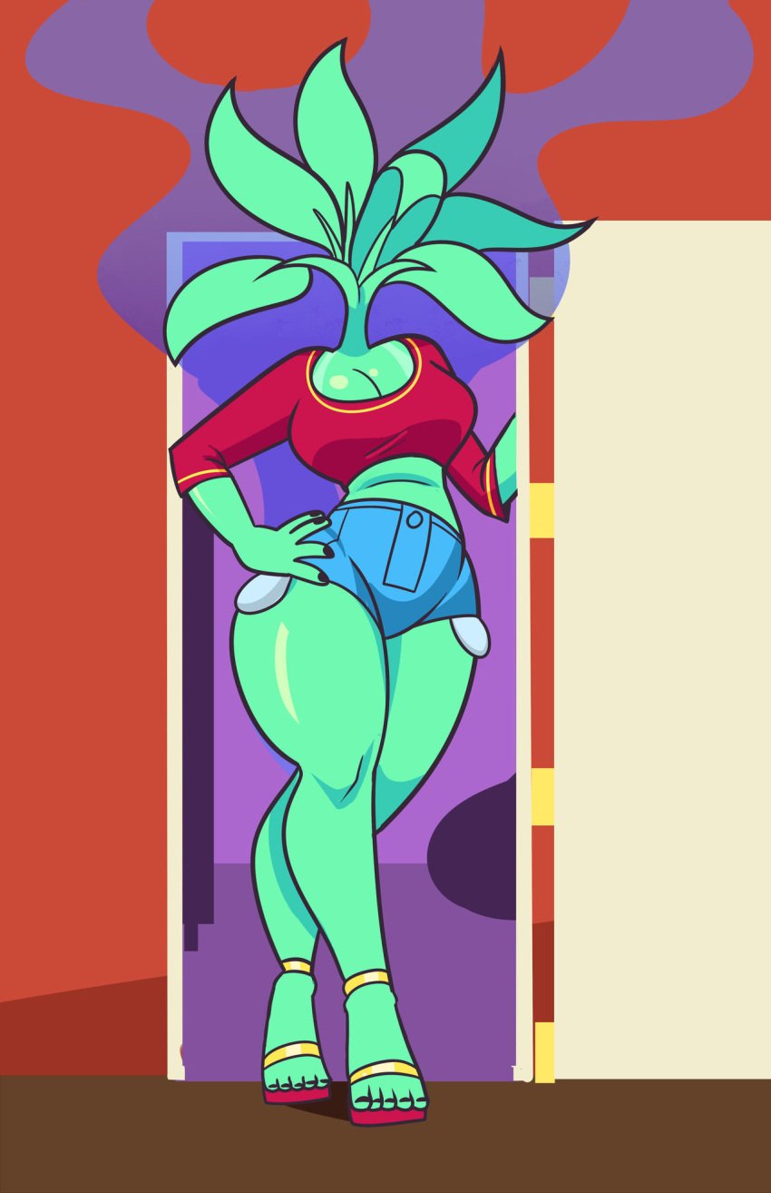 booty_shorts crop_top door draca_(tuca_and_bertie) green_body green_skin netflix plant plant_girl plant_humanoid superspoe tuca_and_bertie unsettling