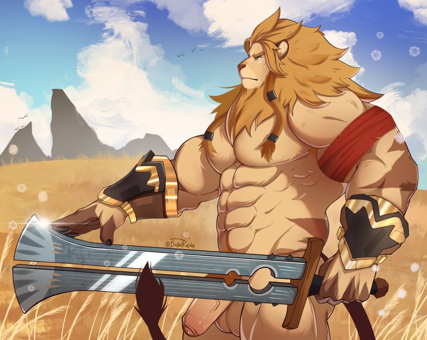 1boy abs absurdres afk_arena afk_journey animal_ears bara blue_sky brutus_(afk_arena) claws cloud cloudy_sky drawreshi english_commentary field furry furry_male grasslands highres holding holding_sword holding_weapon lion_boy lion_ears lion_mane lion_tail male_focus mountain nude pectorals penis profile sky solo_male sword tail testicles weapon