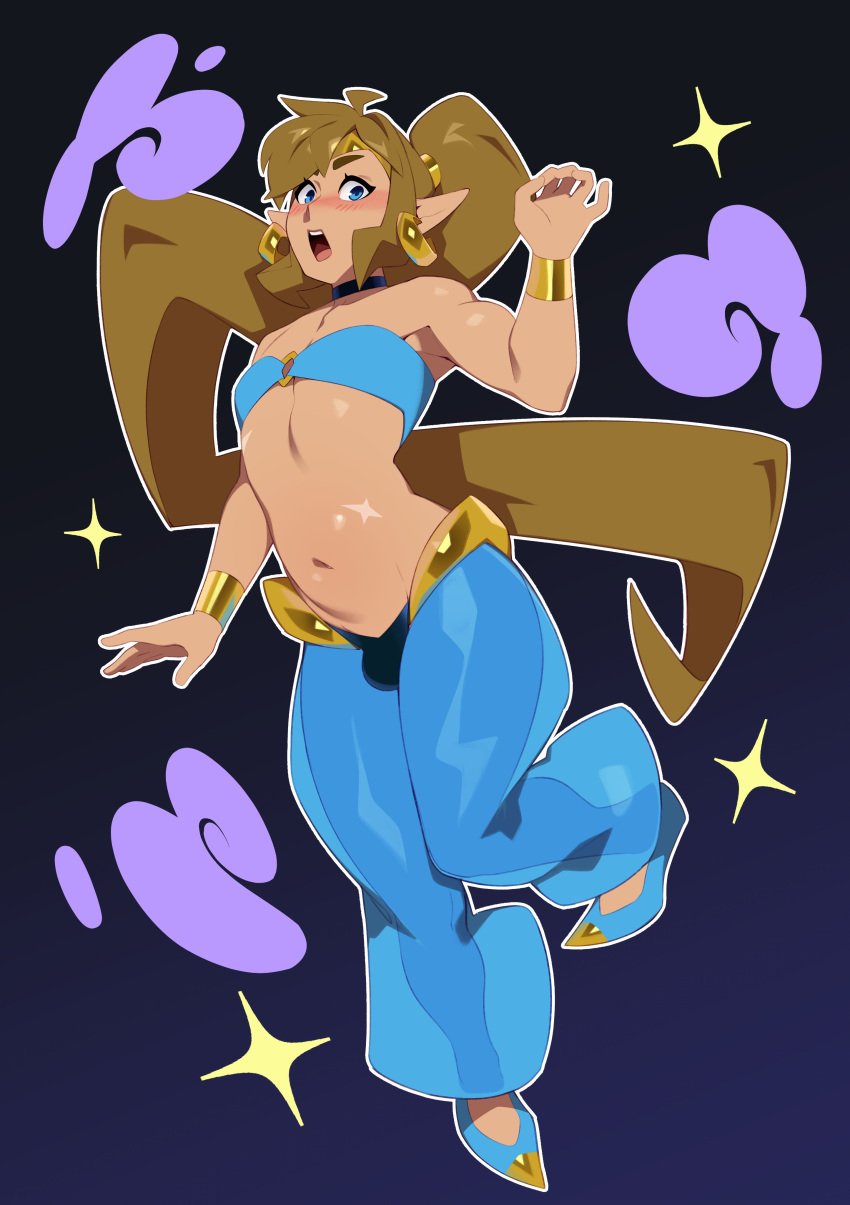 1boy absurd_res armpits belly biceps blond_hair blond_male blue_eyes blush blush_lines bra bracelet brown_hair bulge choker combos-n-doodles cosplay earrings femboy girly hair_cuff harem_outfit harem_pants headband link long_hair looking_at_viewer male male_only navel nintendo open_mouth penis_bulge pointy_ears pointy_shoes ponytail scar shantae shantae_(cosplay) shiny_skin shoes smoke solo solo_male sparkles strapless surprised surprised_expression the_legend_of_zelda translucent translucent_clothing very_long_hair