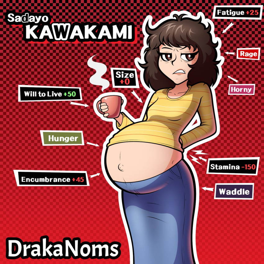 atlus bare_belly bare_midriff belly belly_button big_belly brown_eyes brown_fur coffee_mug drakanoms frustrated ill_fitting_clothing long_sleeves messy_hair persona persona_5 popped_navel pregnant pregnant_belly pregnant_female sadayo_kawakami skirt stripes tired