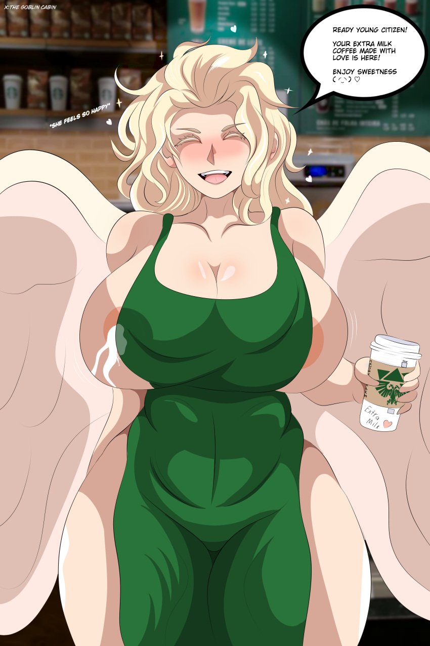 barista big_breasts blonde_hair blood_angels dialogue english_text female female_only iced_latte_with_breast_milk imperium_of_man lactating lactation lactation_through_clothes meme milk post-human primarch rule_63 sanguinius_(warhammer_40k) smile speech_bubble starbucks tagme text voluptuous warhammer_(franchise) warhammer_40k wings