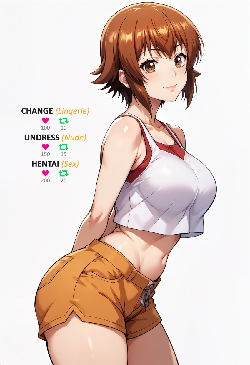 ai_generated arms_behind_back bangs bare_shoulders big_breasts blush breasts brown_eyes brown_hair closed_mouth collarbone crop_top crop_top_overhang female grand_blue high_resolution highres kotegawa_chisa large_breasts lips looking_at_viewer meme midriff navel short_hair short_shorts shorts simple_background smile solo stable_diffusion tank_top thighs waifuscans418 white_background