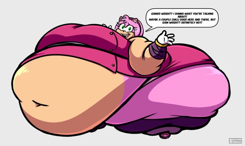 1girls amy_rose amy_rose_(boom) anthro ass belly belly_overhang bracelet breasts english_text eyelashes fat female female_focus female_only furry gloves green_eyes hairband hedgehog hedgehog_humanoid hips huge_belly hyper hyper_ass hyper_breasts large_ass large_belly large_breasts overweight overweight_female pink_fur pink_hair sega shrug shrugging solitaryscribbles sonic_(series) sonic_the_hedgehog_(series) stomach text text_bubble thick_thighs thighs weight_gain wide_hips