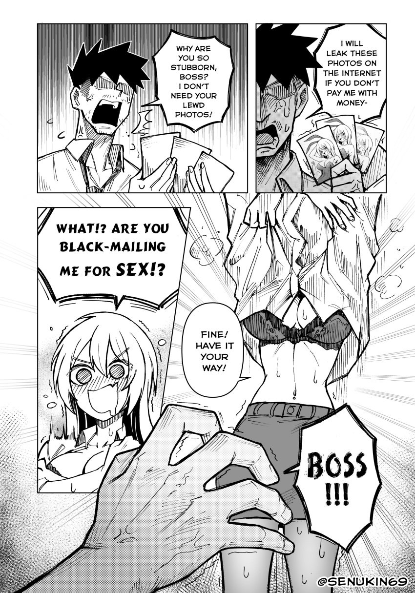 1boy 1female 1girls 1male 4_panel_comic artist_name blackmail breasts cleavage clothes clothing comic comic_page english_text horneebogor7709 lewd lewd_pictures motion_lines original original_character original_characters picture_(object) pictures senukin_(artist) stripping text text_bubble twitter_handle twitter_username unintentional_blackmail