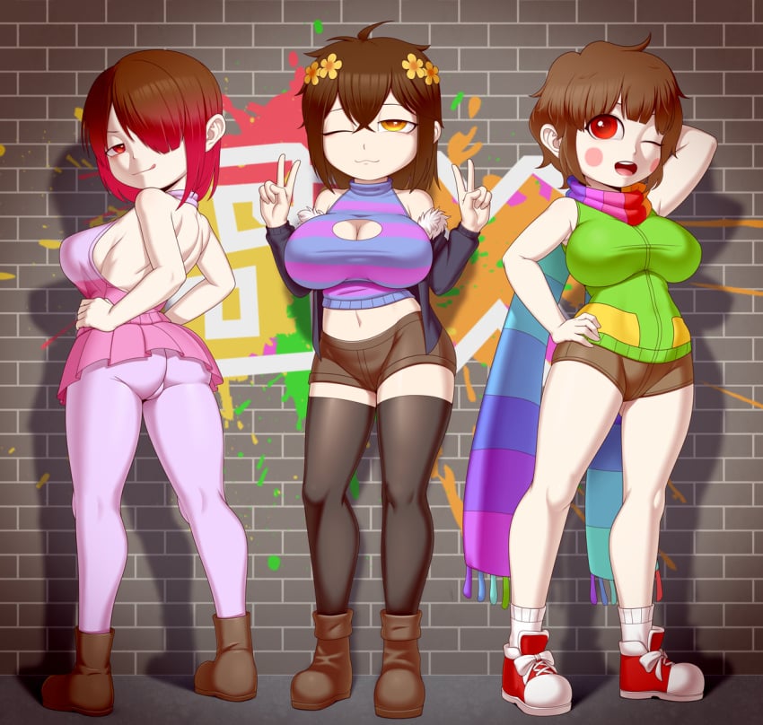 3females bete_noire betty_noire breasts brown_hair chara flowerfell frisk glitchtale rainven red_hair skirt storyswap storyswap_chara undertale