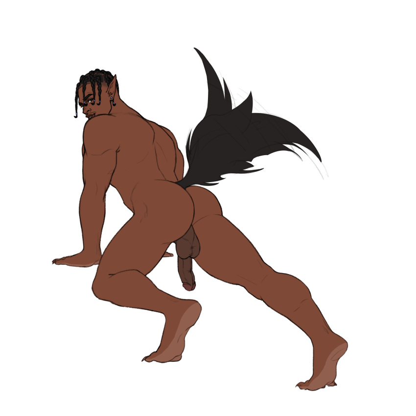 1boy 2021 ass balls bara barazoku completely_nude completely_nude_male dark-skinned_male droppindraws hi_res highres looking_at_viewer male male_only muscular_male nude penis werewolf