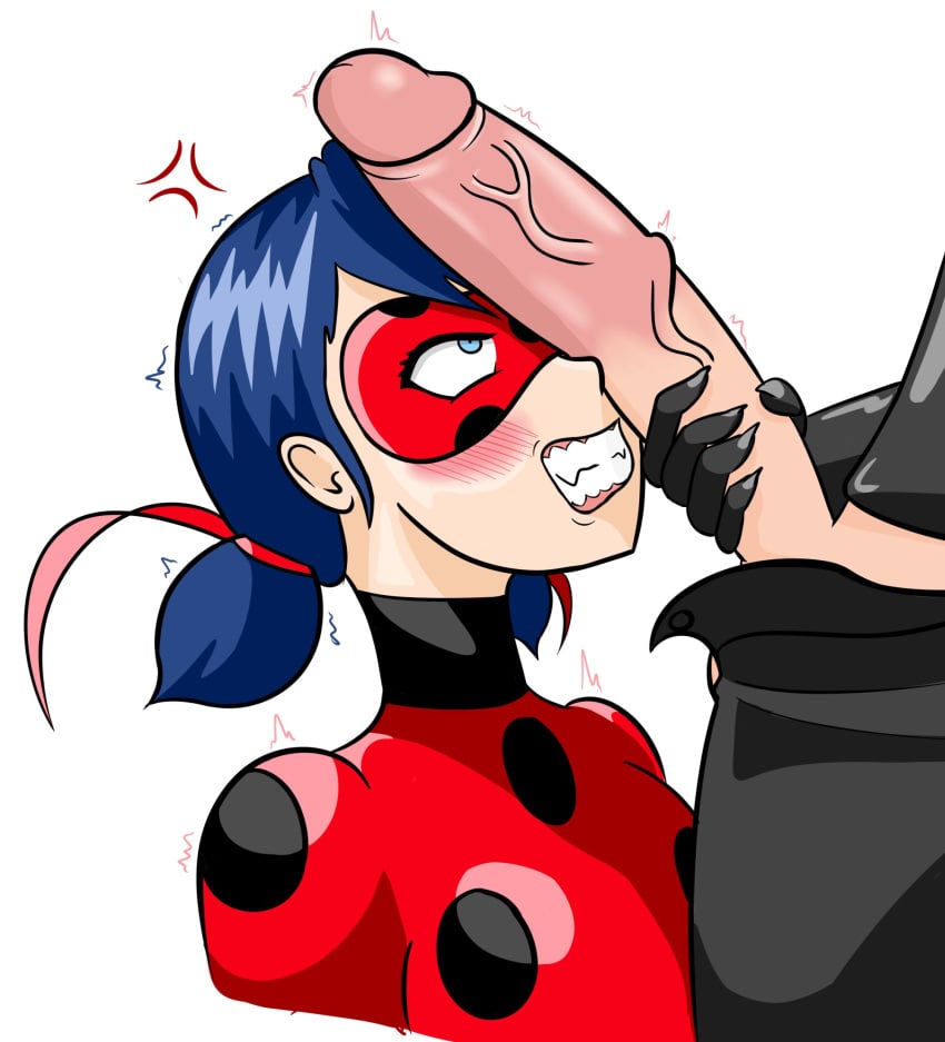 1boy 1girls adrien_agreste anger_vein angry big_penis blue_eyes blue_hair blush cat_noir clothed dladiator female ladybug_(character) male marinette_cheng marinette_dupain-cheng mask masked masked_female miraculous_ladybug partial_male penis_on_face short_hair superhero superheroine twintails