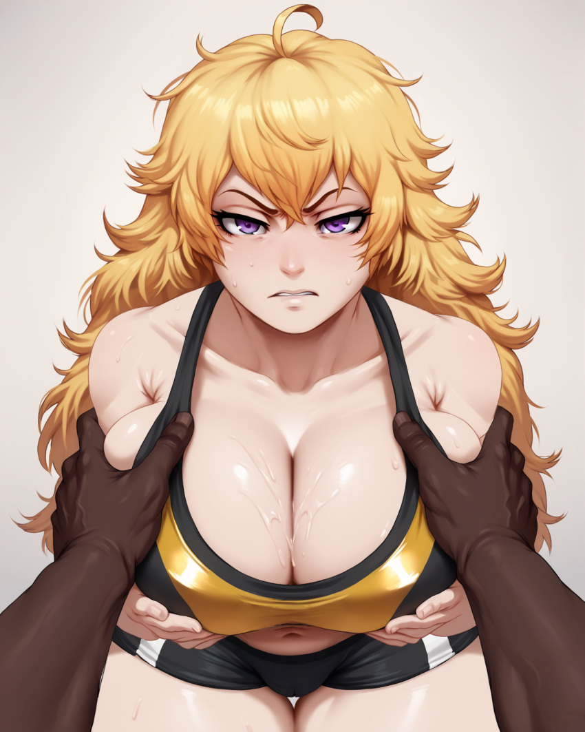 ai_generated breast_grab breasts dark-skinned_male grabbing_own_breast gym_uniform jlullaby_(style) large_breasts light-skinned_female relaps63 rwby yang_xiao_long