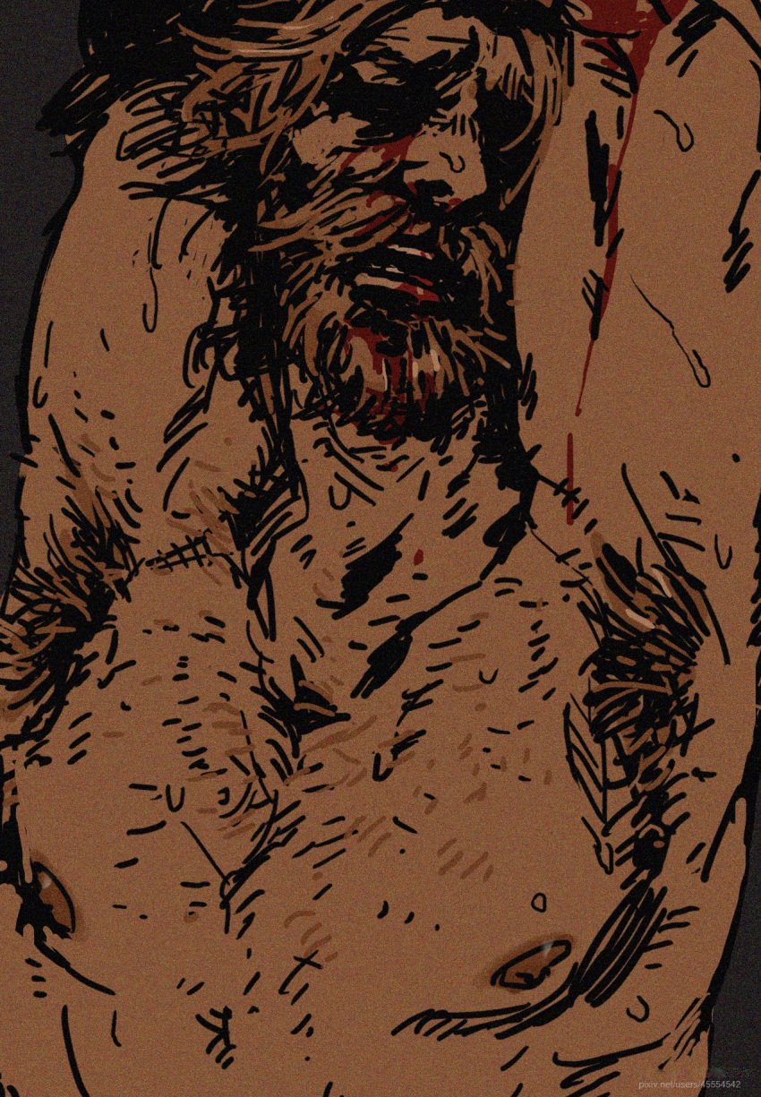 1boy armpit_hair armpits arms_up bara beard broken_nose chest_hair close-up darkest_dungeon distress gay ginger_hair hairy houndmaster_(darkest_dungeon) male male_only nipples obscured_eyes old_art older_male realistic_anatomy stylized submissive_male sweat thick_beard thrillwashere