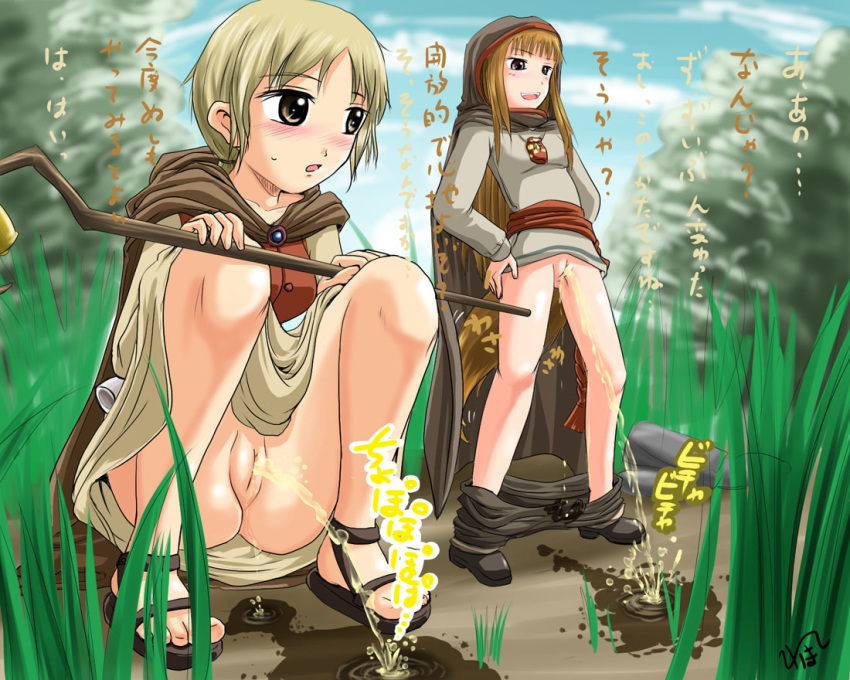 2girls blush bottomless clothing female female_only grass holo homare_(pixiv414926) homare_(suzu_no_oka) hooded_cloak multiple_girls no_panties nora_arento peeing pussy spice_and_wolf squat squatting staff standing standing_pee translated