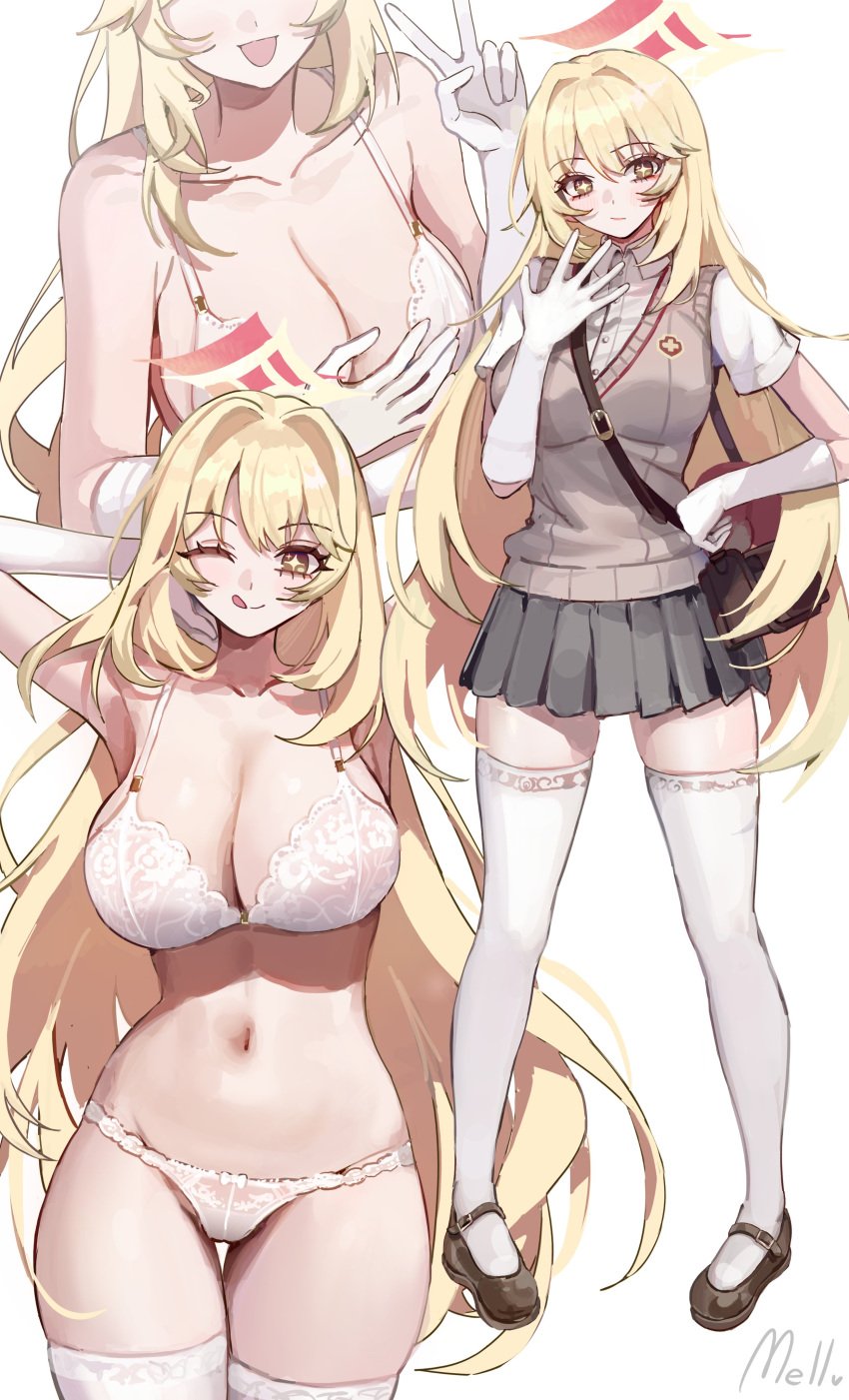 1girls belly_button big_breasts blonde_hair bra breast_focus breasts cleavage female female_focus female_only front_view full_body gloves high_resolution highres huge_breasts light-skinned_female light_skin long_hair looking_at_viewer miniskirt one_eye_closed school_uniform shokuhou_misaki simple_background smiling smiling_at_viewer solo solo_female standing star_eyes teenage_girl teenager thighhighs thong to_aru_kagaku_no_railgun to_aru_majutsu_no_index tongue_out underwear voluptuous voluptuous_female white_background white_gloves white_underwear yellow_body young younger_female