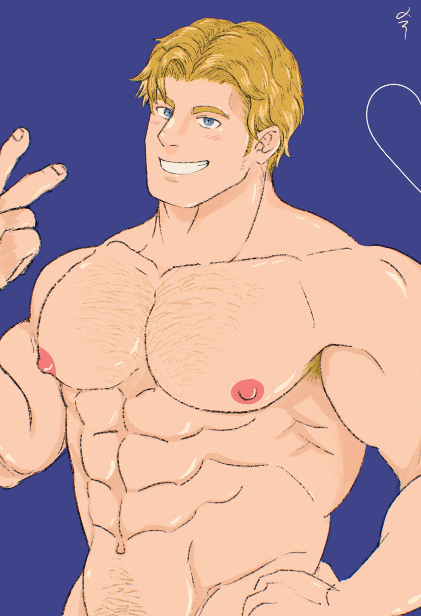 1boy abs armpit_hair bara bara_tits biceps blonde_hair blue_background blue_eyes body_hair chest_hair hi_res human human_only large_pectorals lewis_smith male male_only muscular muscular_male navel navel_hair nipples no_visible_genitalia paparatsy pectorals sideburns simple_background smile solo solo_male thick_eyebrows upper_body yuuki_bakuhatsu_bang_bravern