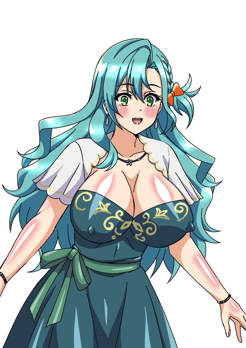 1girls accessory alternate_costume aqua_hair bare_arms blue_hair braid chloe_(fire_emblem) cleavage covered_nipples dress ezsm5857 female female_only fire_emblem fire_emblem_engage green_eyes necklace nintendo official_alternate_costume open_mouth smile solo upper_body very_long_hair