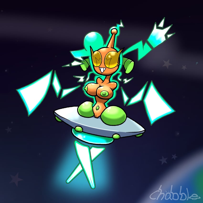 alien alien_girl chabble electrical_hair electricity flying_saucer green_nipples orange_skin pokemon pokemon_(species) post_transformation rotom simple_background space transformation ufo yellow_eyes