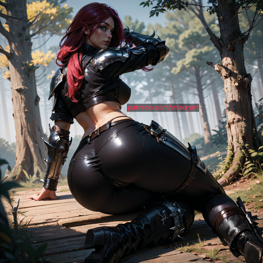 ai_generated big_ass cameltoe from_behind green_eyes katarina_du_couteau league_of_legends leather_pants red_hair stable_diffusion tight_clothing tight_pants vilacrym