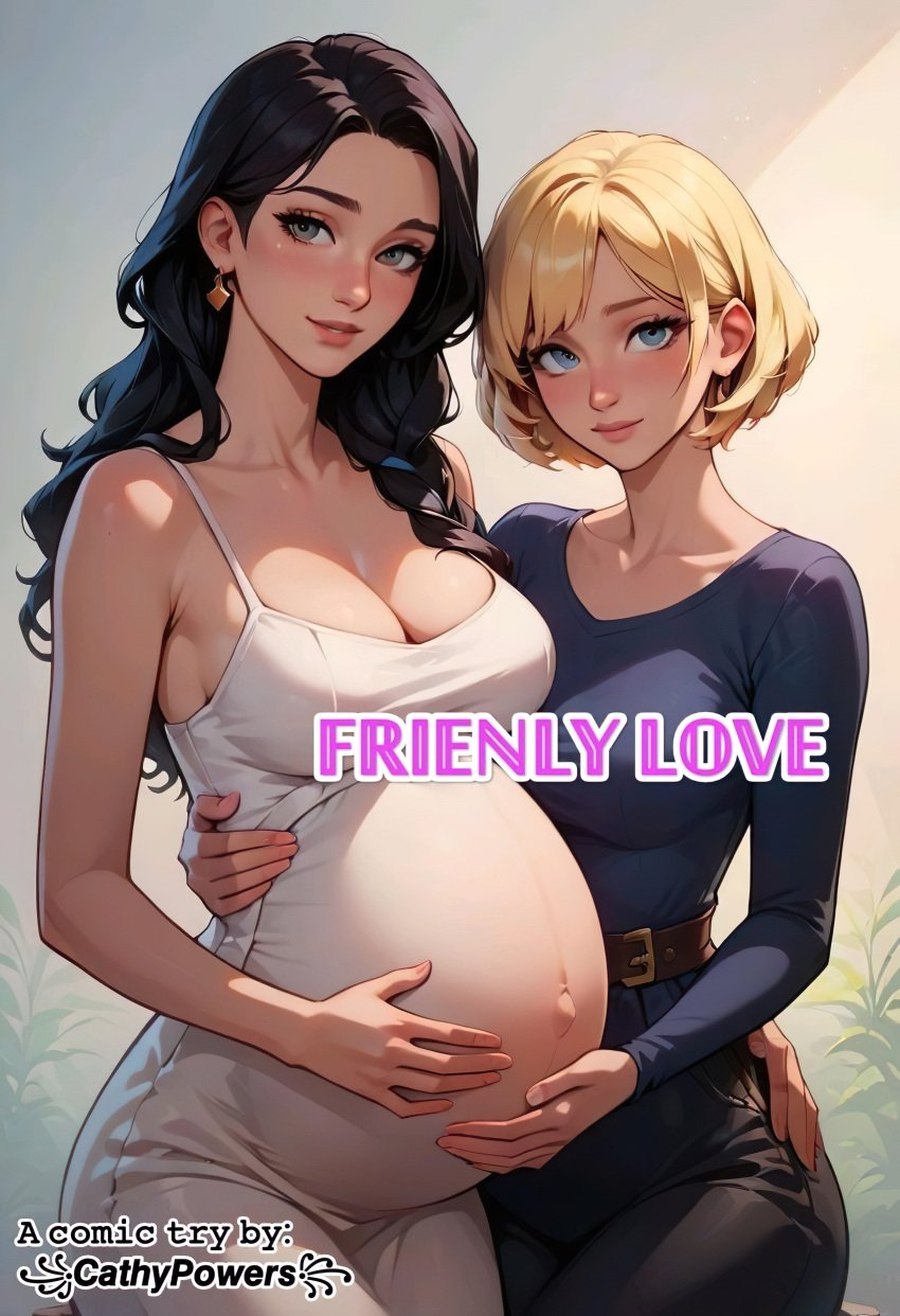 1futa 1girls after_sex ai_generated black_hair blonde_hair blue_eyes brown_eyes brown_hair carrying cathy_powers comic context_at_source couple cover female fully_clothed futa_on_female futa_wife futanari hands_on_belly hi_res implied_futanari looking_at_viewer love married_couple original_character pony_diffusion_xl pregnant self_upload