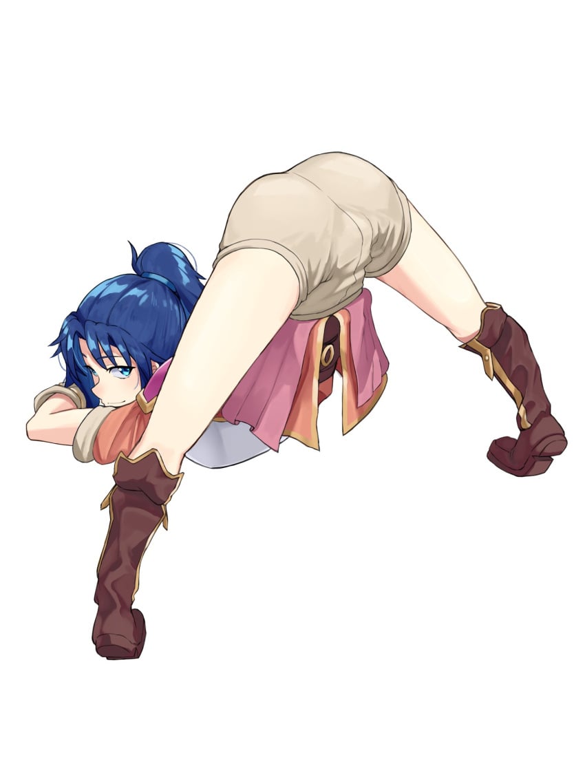 1girls ass ass_up bare_legs blue_eyes blue_hair boots brown_shorts clothed clothed_female commission exposed_legs female female_focus female_only fire_emblem fire_emblem:_new_mystery_of_the_emblem full_body grimmelsdathird highres jack-o'_challenge jack-o_pose kris_(female)_(fire_emblem) kris_(fire_emblem) looking_at_viewer looking_back looking_back_at_viewer nintendo ponytail short_shorts short_sleeves shorts smile solo top-down_bottom-up white_background