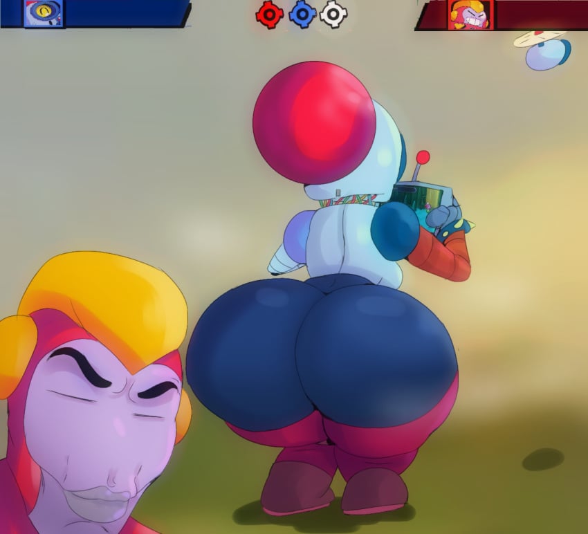 1boy 1robot_girl ass ass_focus big_ass bottom_heavy brawl_stars clothed clothed_female drone female female_focus huesosdry huge_ass humor large_ass male meme nani_(brawl_stars) playing_videogame robot robot_girl supercell surge_(brawl_stars) tagme thick_ass thighs unaware