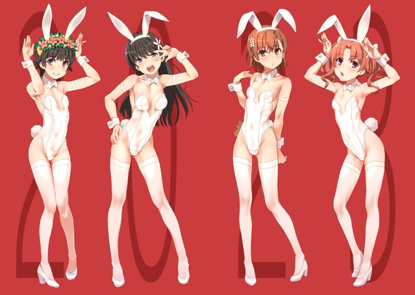 4girls black_hair brown_hair bunnysuit fake_animal_ears fake_bunny_ears female females_only flat_chest flower_in_hair flowers hair_down heels high_heels lingerie long_hair medium_breasts misaka_mikoto multiple_girls playboy_bunny raika9 saten_ruiko shirai_kuroko short_hair small_breasts socks socks_and_heels stockings teenage_girl teenager teenagers thigh_socks thighhighs to_aru_kagaku_no_railgun to_aru_majutsu_no_index twintails uiharu_kazari white_socks young younger_female